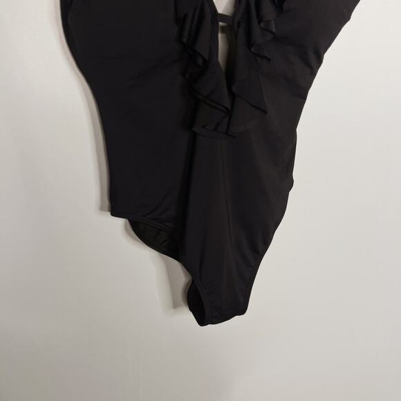 Michael Kors Womens 10 Black Ruffle Deep V Neck One Piece Swim Suit Tie Back - Picture 4 of 10